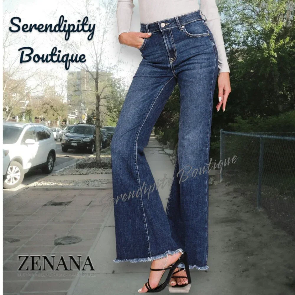 Zenana Super Stretch High Rise Bell Bottom Retro 70s Dark Wash Jeans - Picture 9 of 16